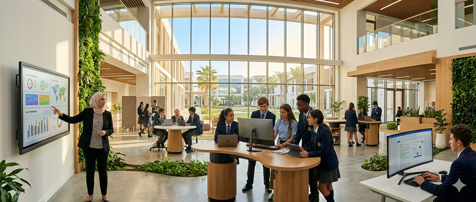 Modern school collaborative learning space with students and smartboards