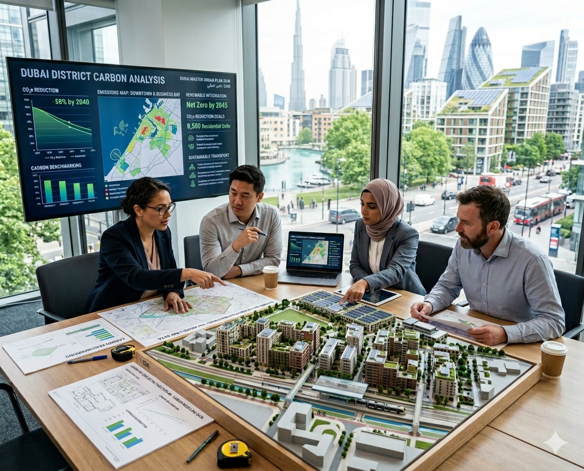Built-environment carbon planning visual showing sustainable urban development and low-carbon planning decisions